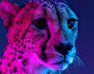 Close-up of a cheetah's face, illuminated by vibrant pink and blue light