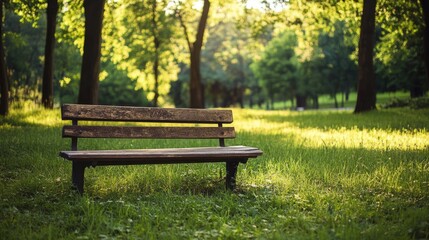 Serene and Rustic Wooden Bench Surrounded by Lush Green Grass and Trees in a Tranquil Park on a Bright Sunny Day