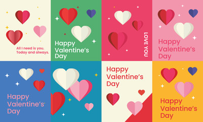 Modern Valentine’s Day card set with layered heart illustrations, romantic messages, colorful backgrounds and festive love designs