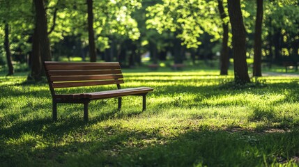 Serene Park Bench Surrounded by Lush Green Grass and Sunlight Filtering Through Trees in a Tranquil Urban Environment for Relaxation and Reflection