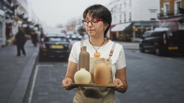 Woman wearing apron holding wooden tray with three ceramic vases, pursed lips and slight shrug while standing on a street; resigned patience. - Powered by Adobe