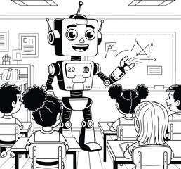 Smiling friendly educational robot teaching geometry and math to a diverse group of elementary school children in a classroom setting for future technology.