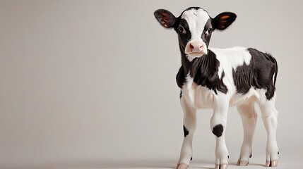 Cute Black and White Calf Standing on Light Background, Farm Animal, Playful Expression, Adorable Young Cow, Perfect for Agricultural Themes or Farm Life Imagery