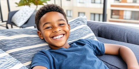 A young boy is smiling and laying on a couch. The couch is covered in pillows and blankets
