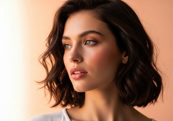 Close up portrait of a young woman with dark wavy hair isolated on white background