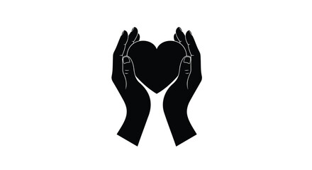 Two open hands gently cradling a dark heart symbol against a white background