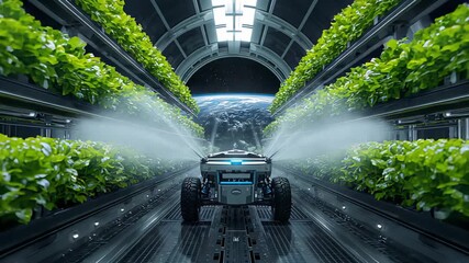 Greenhouse robot sprays, Interior drone disperses mist efficiently - Powered by Adobe