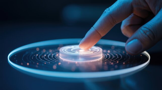 Human finger touches glowing futuristic button on a dark background representing innovation