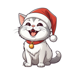 Adorable cartoon cat wearing a festive Santa hat and collar, radiating holiday cheer, perfect for Christmas&nbsp;greeting cards, social media, and seasonal promotions