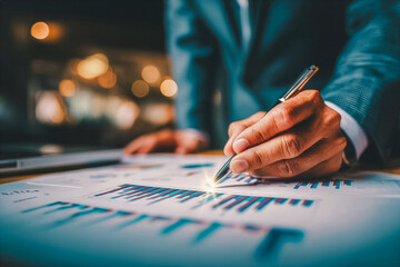 Businessman analyzing financial charts with pen highlighting key data.