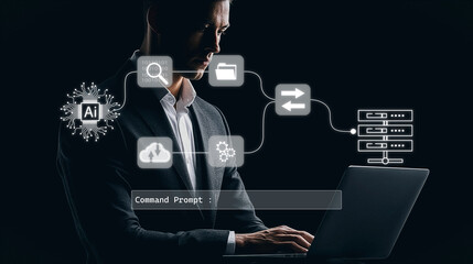Businessman using laptop with AI and cloud data technology icons on dark background.