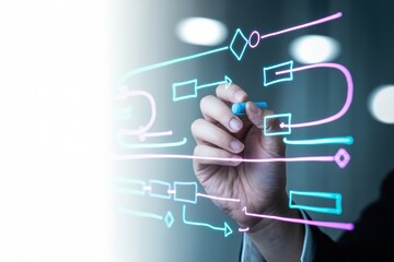 Human hand drawing glowing flowchart diagram on transparent screen illustrating business process.