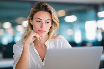 Fototapeta premium Businesswoman working on laptop in office environment.