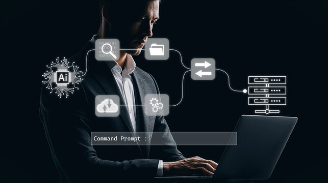Businessman using laptop with AI and cloud data technology icons on dark background. - Powered by Adobe