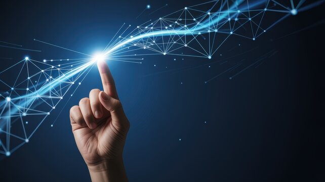 Human hand touching a luminous wave of connected dots representing digital transformation