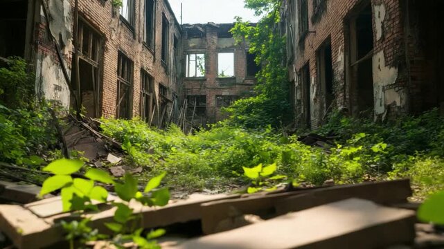 Desolate Echoes: A weathered facade stands, showcasing the resilience of nature in reclaiming a derelict structure, a haunting testament to both the ravages of time and the tenacity of life.