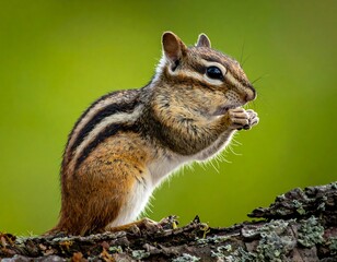 Close-up of a chipmunk on a branch, eating, green background