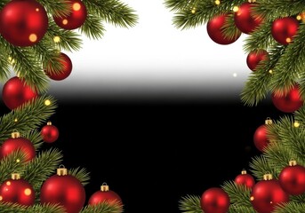 Christmas tree garland border with red ornaments isolated on white background