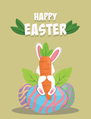 Easter banner white bunny holding orange carrot and sitting on eggs