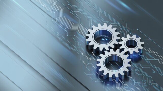 Interlocking metallic gears on a futuristic circuit board background symbolizing innovation and progress