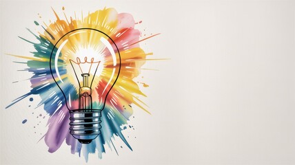 Light bulb glowing brightly amidst a vibrant explosion of watercolor paint splashes