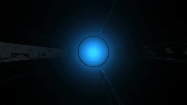 A captivating abstract illustration, dominated by a luminous blue circle in a deep dark space.  The composition features intriguing lines and shapes adding to the visual allure