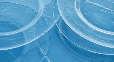 Abstract Macro Closeup of Transparent Plastic Rings on Cracked Light Blue Ice Surface Texture Background