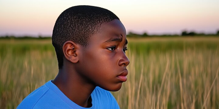A young boy with short hair is standing in a field of tall grass. He is looking off into the distance with a serious expression on his face. Concept of solitude and contemplation - Powered by Adobe