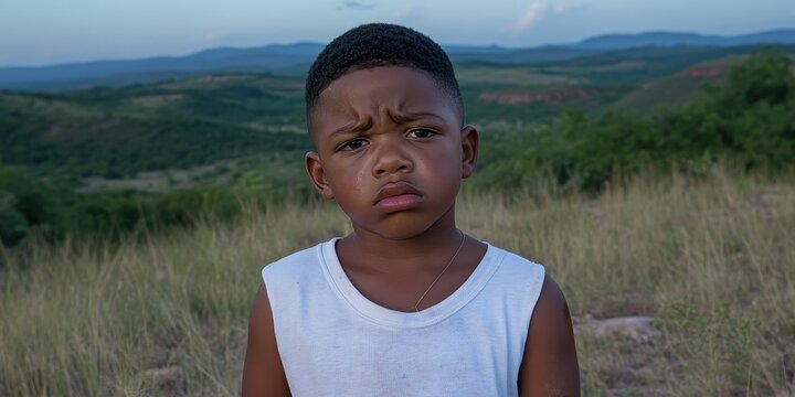 A young boy with a black head and brown hair is standing in a field. He is wearing a white shirt and he is looking at the camera with a frown on his face