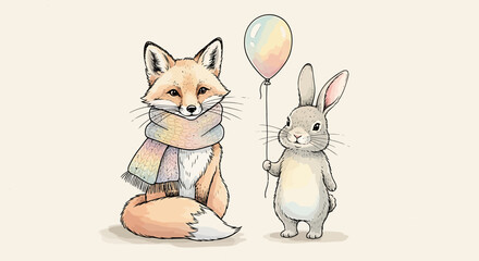 Charming Fox in a Scarf and Rabbit with a Balloon Illustration.