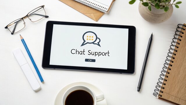 A tablet displaying Chat Support message on a desk