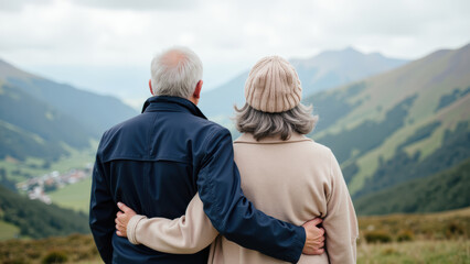 Couple stands together, embracing while overlooking scenic mountain landscape. serene atmosphere evokes feelings of love and companionship