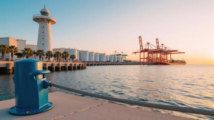 Serene harbor scene featuring lighthouse, cargo cranes, and calm waters at sunset, evoking sense of tranquility and industry