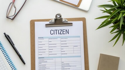 Citizenship form on a clipboard viewed from overhead