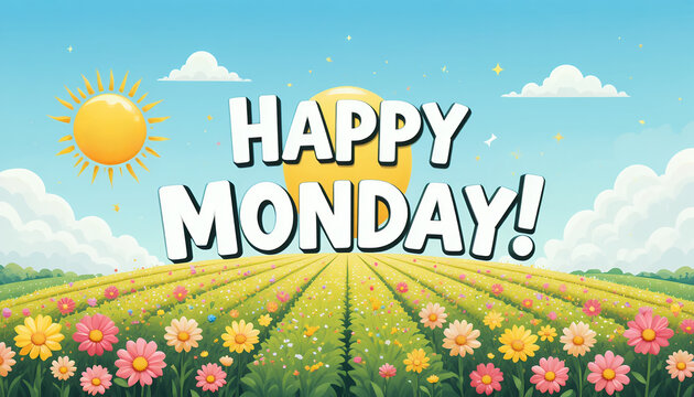 Bright cheerful sunny landscape with colorful flowers and happy monday greeting message in bold