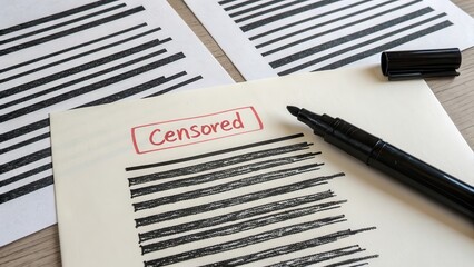 Close up of paper with the word Censored and redacted lines