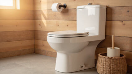 Modern toilet design, clean lines, wooden wall, bathroom decor, minimalistic style, natural light creates serene atmosphere