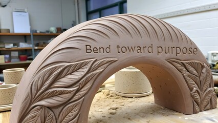 Clay Sculpture with Inscription in a Workshop Environment