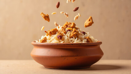 Delicious rice dish topped with crispy fried pieces, nuts, and spices, served in traditional clay bowl, evoking warmth and comfort