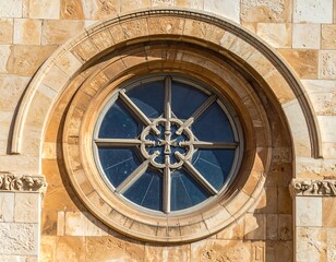 Close-up of a circular stained glass window in stone facade