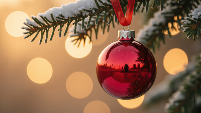 Beautiful red ornament hangs from snow covered pine branch, capturing warm glow of festive lights in background, evoking holiday cheer