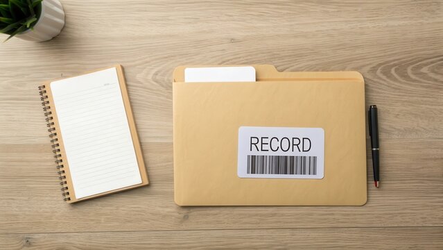 Flat lay of a record folder on a wooden office desk