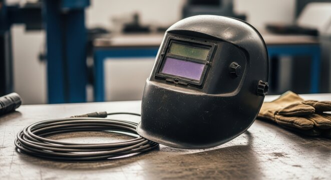 Black welding helmet and cord on industrial workshop table