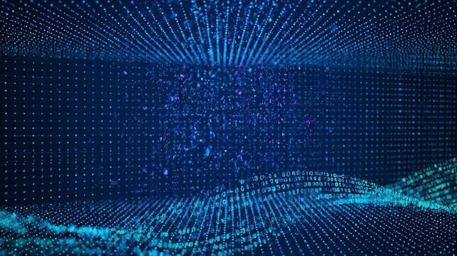 A digital data stream, presented abstractly with blue dots and lines. Represents data flow