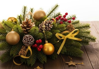 Festive christmas evergreen arrangement with ornaments isolated on white background