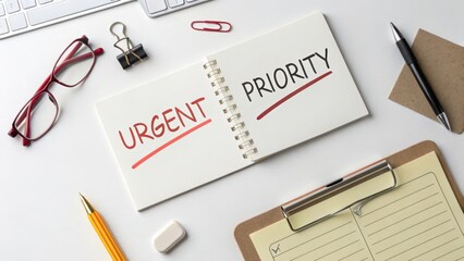 Notebook on a white desk with urgent and priority written