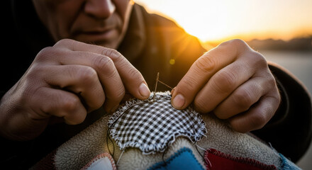 Man sewing a patch onto fabric during sunset, representing resilience and care for the homeless community