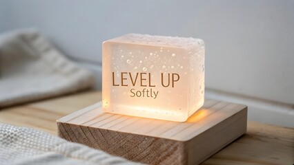 Glowing translucent cube with motivational quote on wooden base