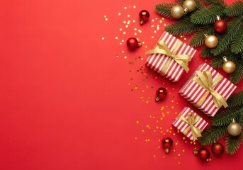 Christmas gifts and ornaments on red background isolated on white background