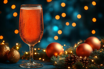 Champagne glass with bubbles festive celebration sparkling drink holiday background golden decorations pinecones lights luxury toast
